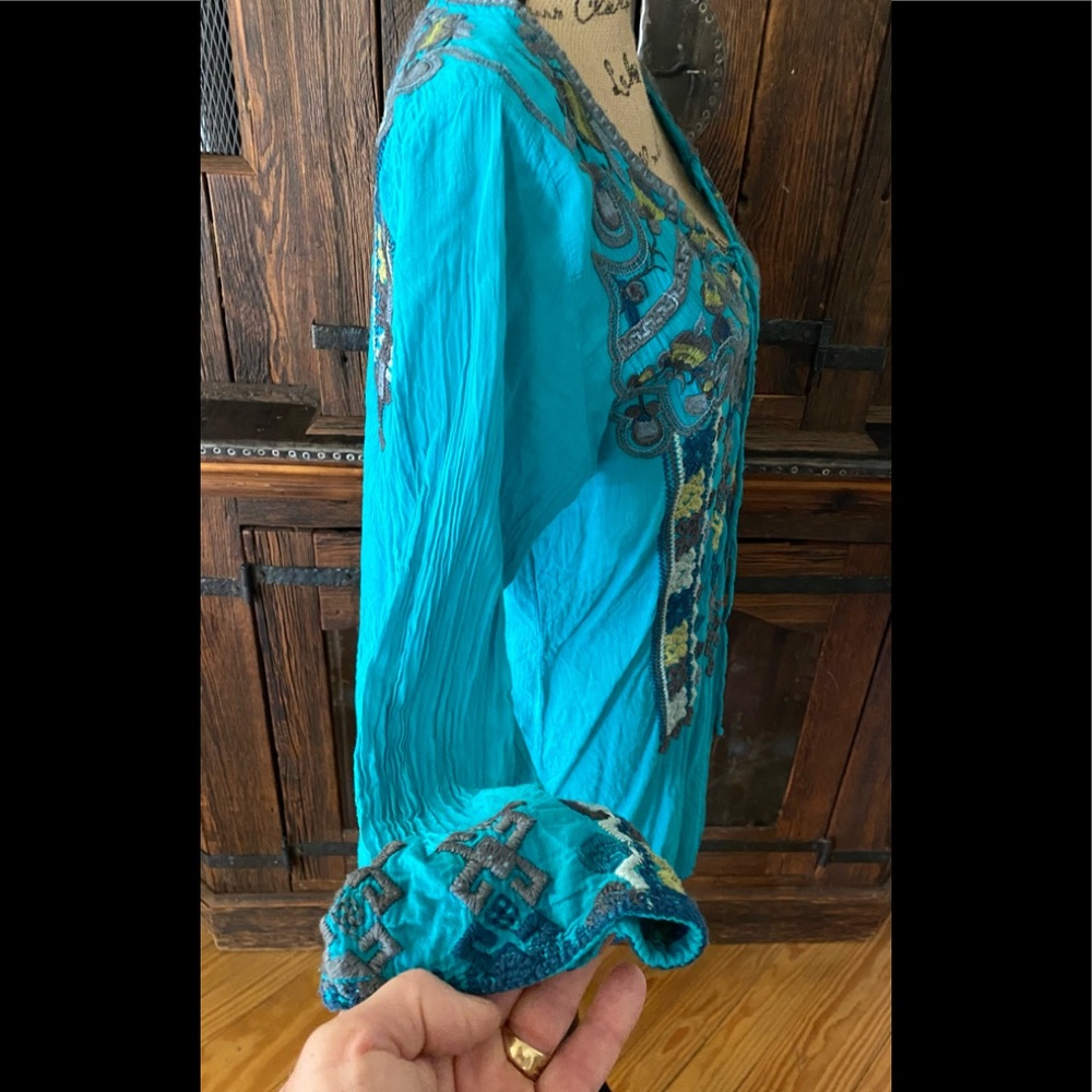 Johnny Was Biya Turquoise Embroidered Cotton Top M - Picture 4 of 11